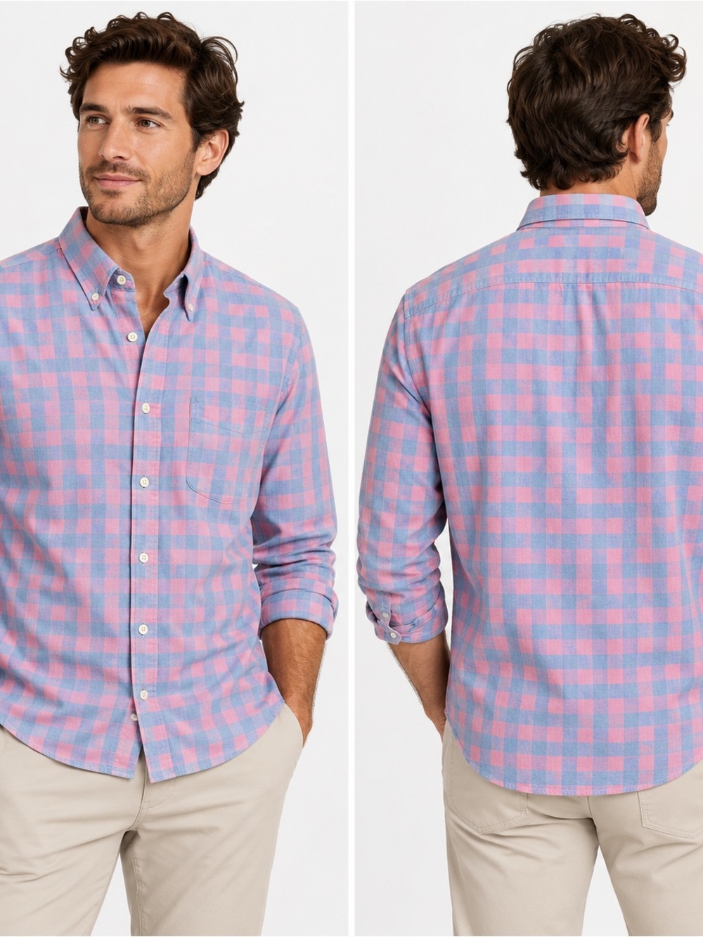Faherty Shirt Mens L Pink Blue Check Stretch Cotton Herringbone Button Down